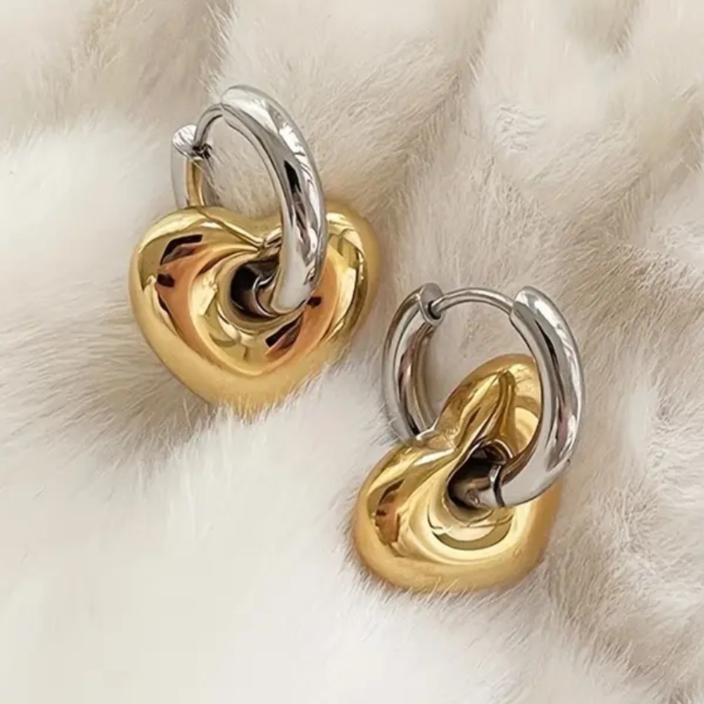 Elegant Two-Tone Heart Earrings with Peach Heart Dangles and a Glossy Fi…
